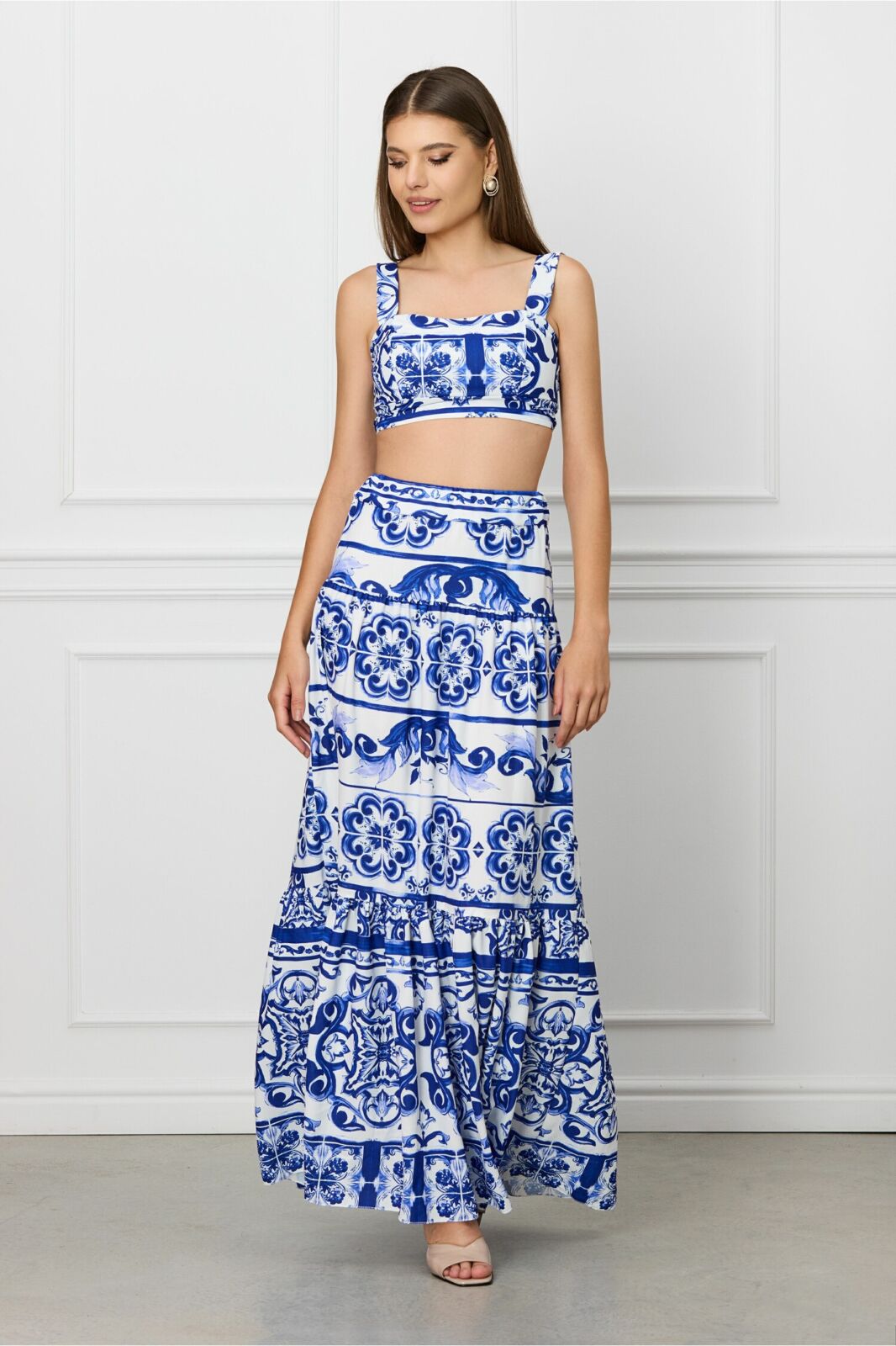 Black Friday Compleu Mara cu fusta si top scurt cu imprimeu albastru
