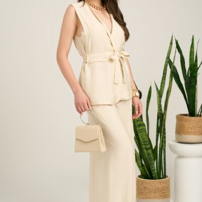 Black Friday Compleu bej din viscoza cu vesta si pantaloni lejeri