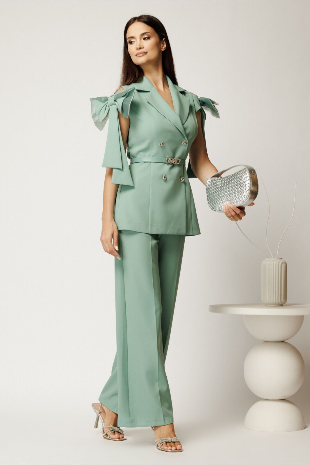 Black Friday Compleu verde mint din stofa cu funde la maneci si curea in talie