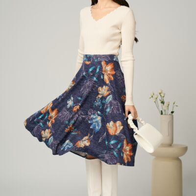 Black Friday Fusta DY Fashion midi office din jerse bleumarin cu imprimeu floral