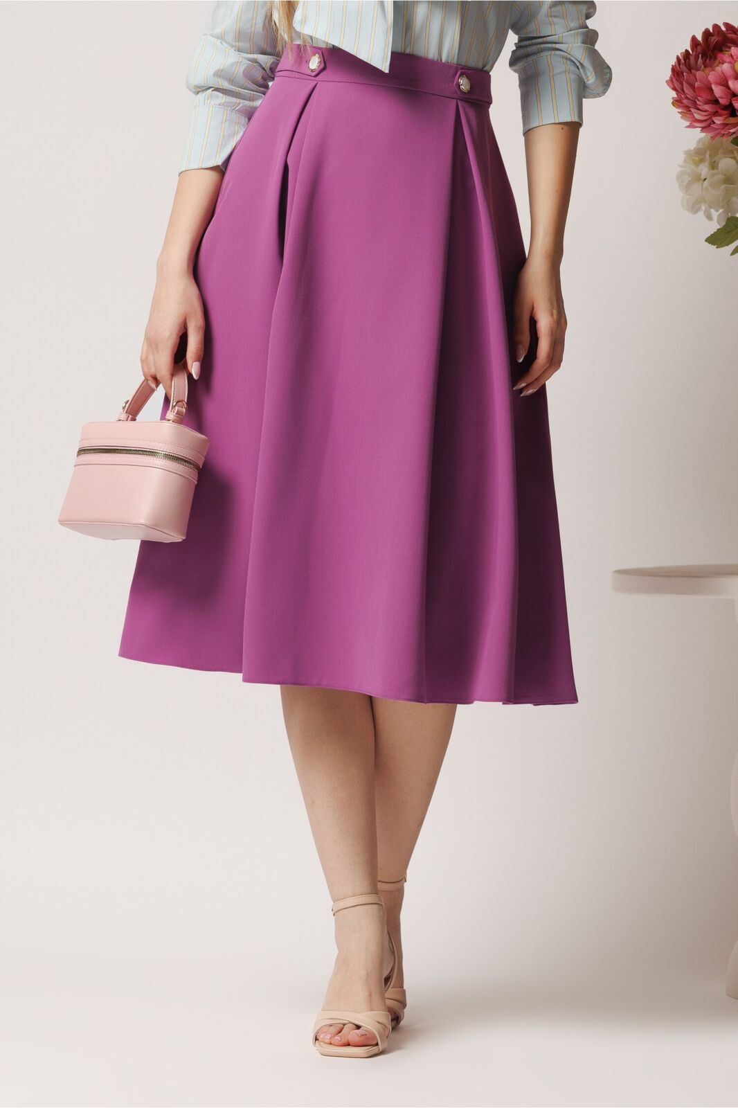 Black Friday Fusta DY Fashion midi office din stofa mov cu nasturi pe talie