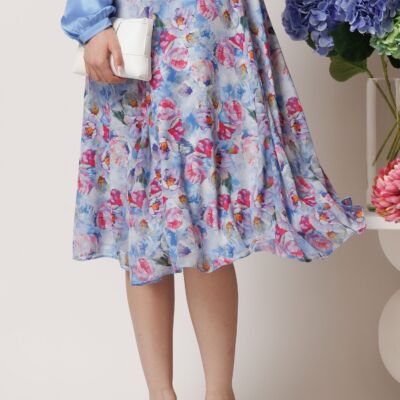 Black Friday Fusta DY Fashion midi vaporoasa din voal bleu cu flori roz