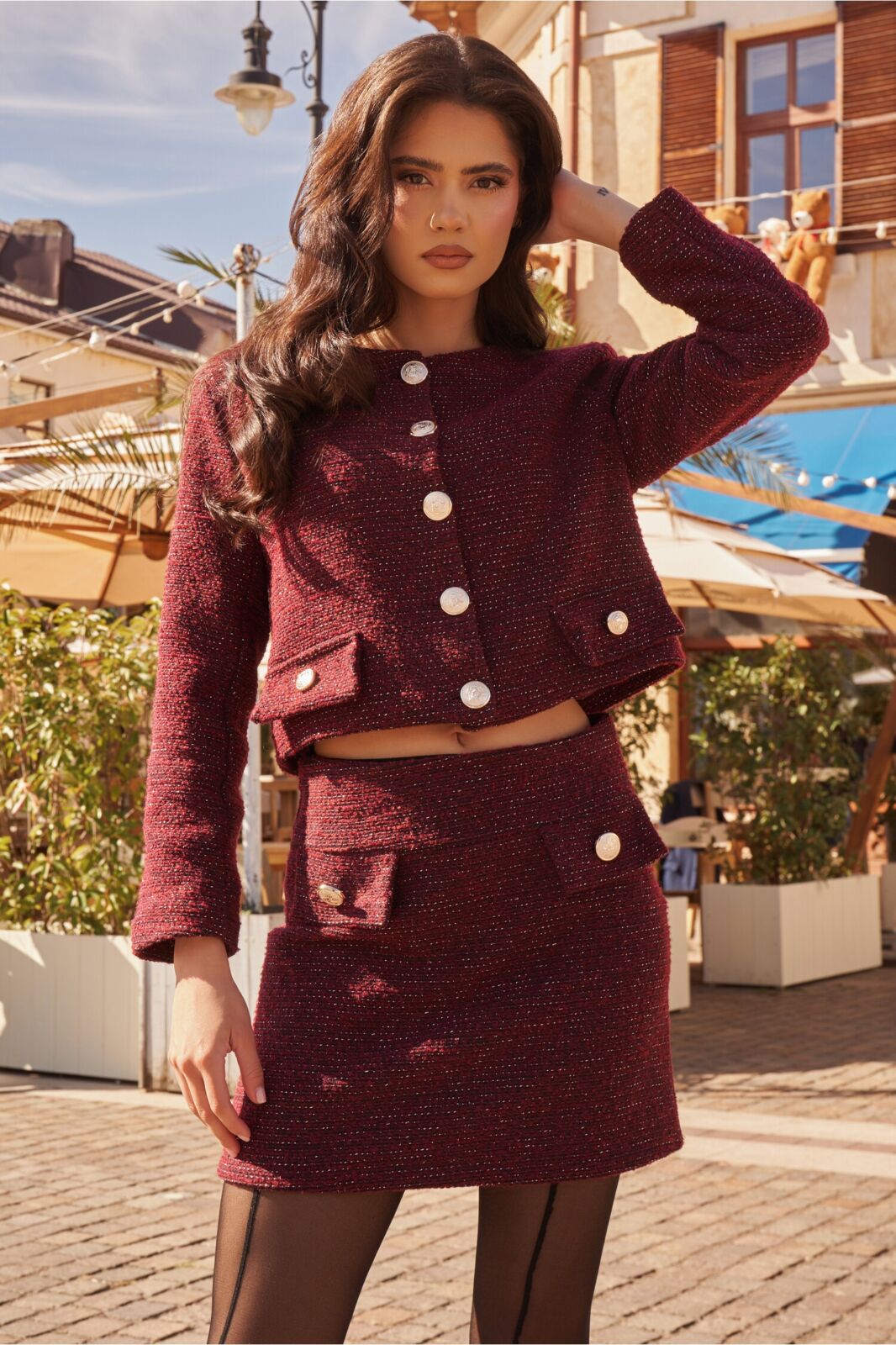 Black Friday Fusta Simina bordo din tweed cu insertii din fir lurex