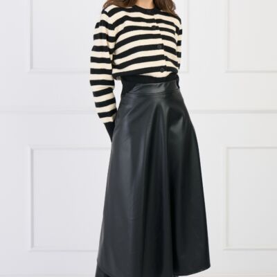 Black Friday Fusta casual midi din piele ecologica neagra cu croi clos