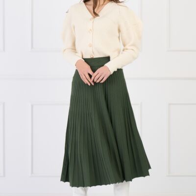Black Friday Fusta casual midi din tricot reiat kaki cu elastic in talie