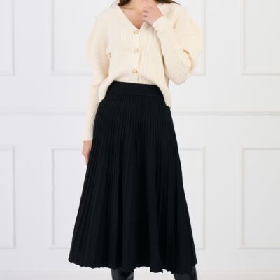 Black Friday Fusta casual midi din tricot reiat neagra cu elastic in talie