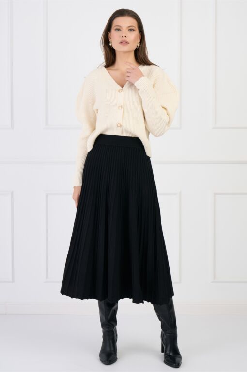Black Friday Fusta casual midi din tricot reiat neagra cu elastic in talie
