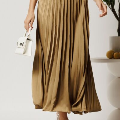 Black Friday Fusta lunga bej inchis din satin cu pliuri
