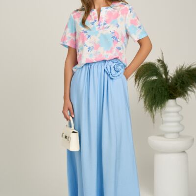 Black Friday Fusta lunga bleu in clos din viscoza cu floare in talie