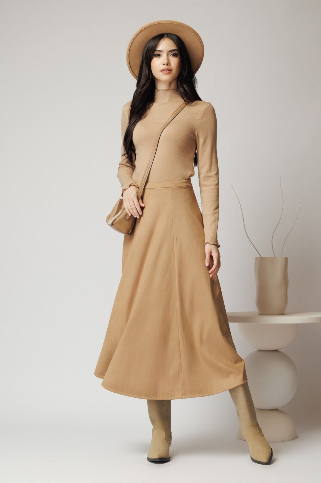 Black Friday Fusta midi din catifea maro camel