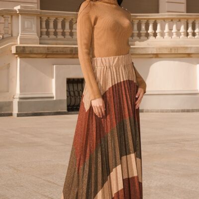 Black Friday Fusta midi din lurex maro cu bej si pliuri