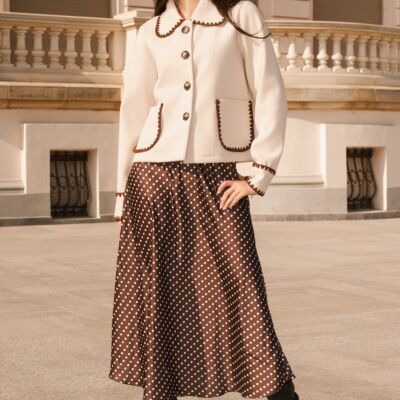 Black Friday Fusta midi eleganta din satin maro cu buline