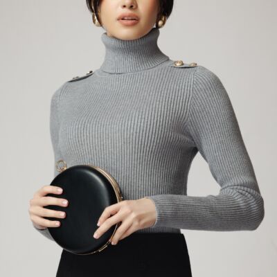 Black Friday Maleta casual din tricot reiat gri cu nasturi pe umeri