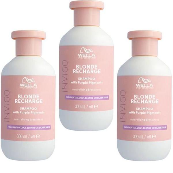 Black Friday 2022 Pachet 3 x Sampon cu Pigment Violet pentru Neutralizarea Tonurilor de Galben - Wella Professionals Invigo Blonde Recharge