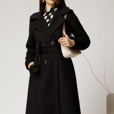 Black Friday Palton Cristina midi negru cu croi drept si cordon in talie