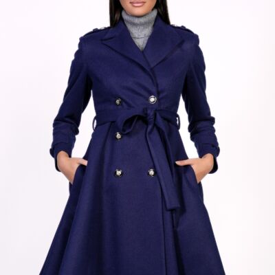 Black Friday 2022 Palton Dy Fashion bleumarin cu nasturi si cordon in talie