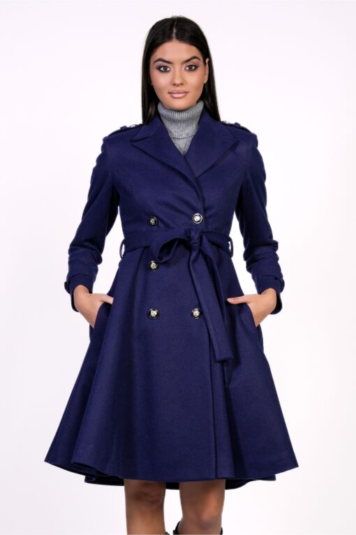 Black Friday 2022 Palton Dy Fashion bleumarin cu nasturi si cordon in talie