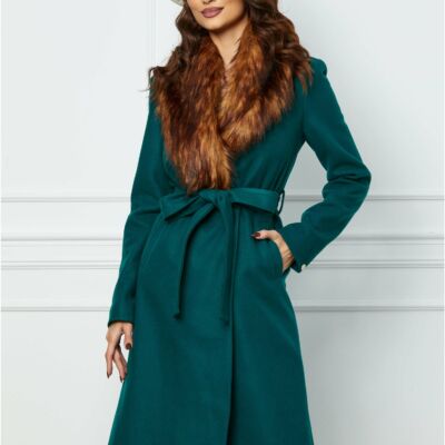 Black Friday Palton Dy Fashion lung verde cu blanita si cordon in talie