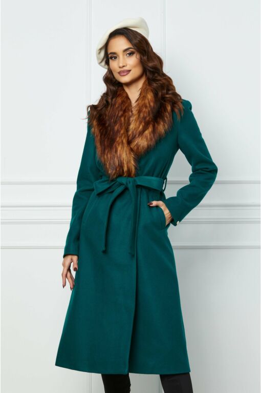 Black Friday Palton Dy Fashion lung verde cu blanita si cordon in talie