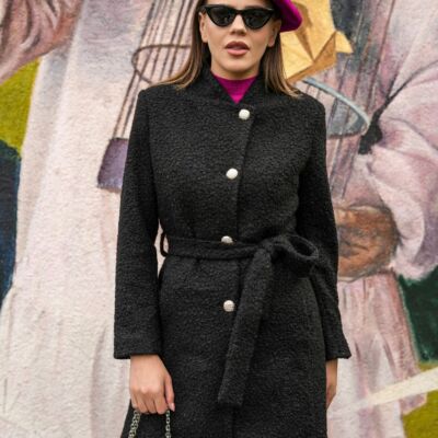 Black Friday Palton Ella Collection Ana negru din blanita cu cordon in talie