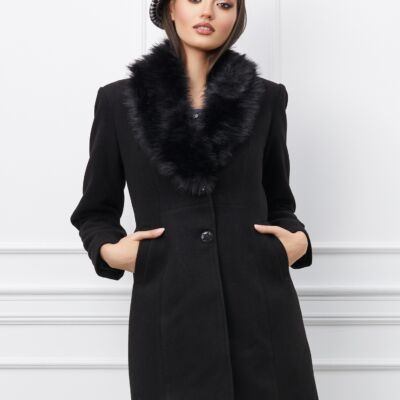 Black Friday Palton Ella Collection Asia negru cu blana la guler
