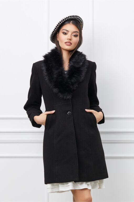 Black Friday Palton Ella Collection Asia negru cu blana la guler