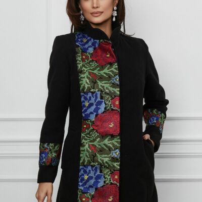 Black Friday Palton Ella Collection Teo din stofa negru cu broderie traditionala