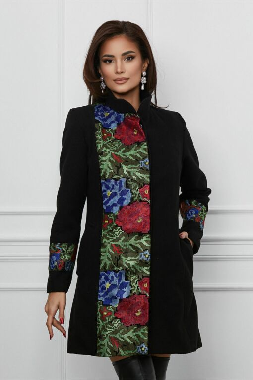 Black Friday Palton Ella Collection Teo din stofa negru cu broderie traditionala