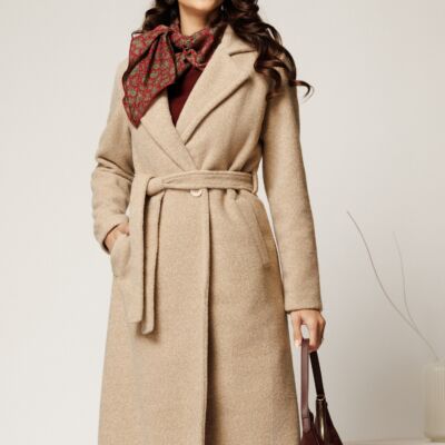Black Friday Palton bej din bucle cu croi drept si cordon in talie