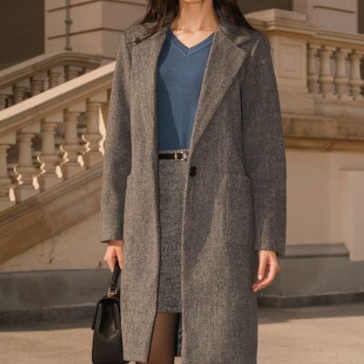 Black Friday Palton elegant din stofa gri cu dungi discrete si buzunare