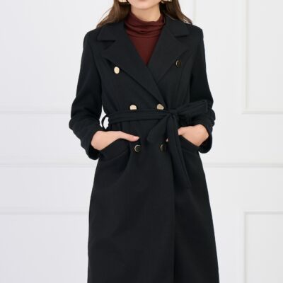 Black Friday Palton elegant din stofa negru cu dungi si cordon in talie