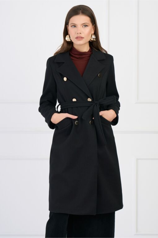 Black Friday Palton elegant din stofa negru cu dungi si cordon in talie