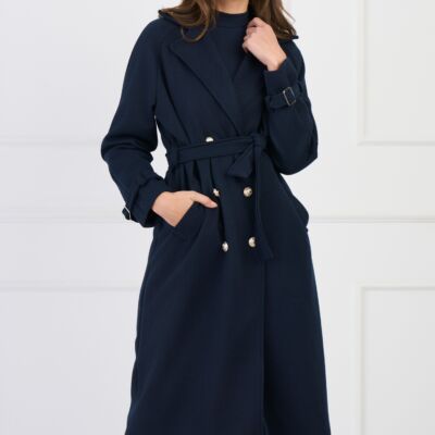 Black Friday Palton lung elegant din stofa bleumarin cu nasturi si cordon in talie