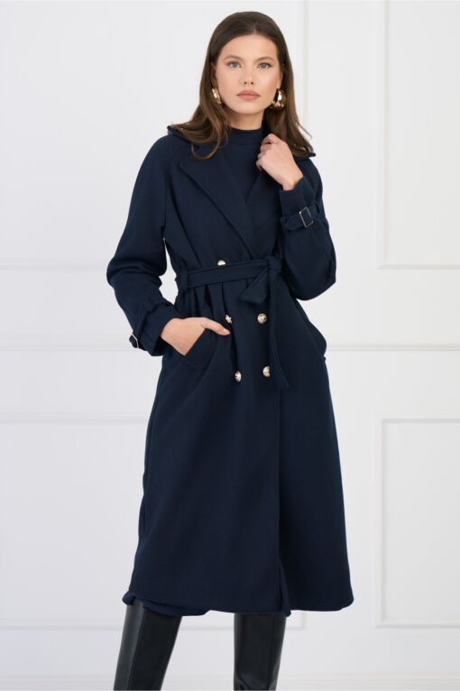 Black Friday Palton lung elegant din stofa bleumarin cu nasturi si cordon in talie