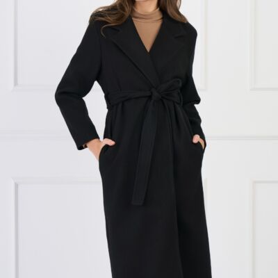 Black Friday Palton lung elegant din stofa negru cu buzunare si cordon in talie