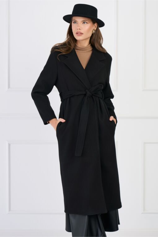 Black Friday Palton lung elegant din stofa negru cu buzunare si cordon in talie