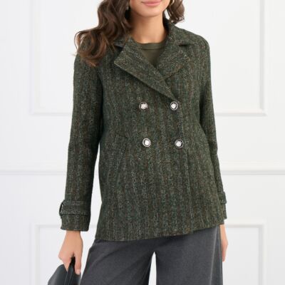 Black Friday Palton scurt DY Fashion din stofa kaki cu imprimeu si nasturi