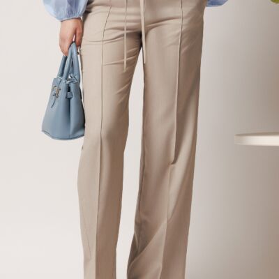 Black Friday Pantaloni DY Fashion office din stofa bej cu snur in talie