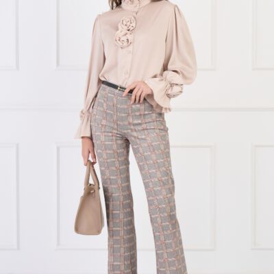 Black Friday Pantaloni DY Fashion office evazati din stofa catifelata gri cu carouri si accesoriu in talie