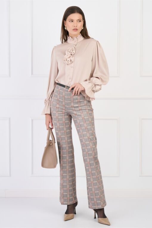 Black Friday Pantaloni DY Fashion office evazati din stofa catifelata gri cu carouri si accesoriu in talie