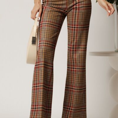 Black Friday Pantaloni DY Fashion office evazati din stofa catifelata maro cu carouri bordo si accesoriu in talie