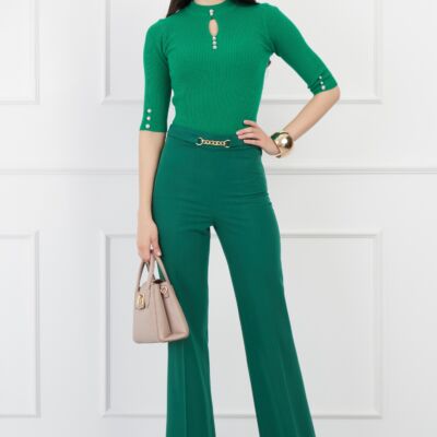 Black Friday 2022 Pantaloni DY Fashion verzi evazati cu accesoriu in talie