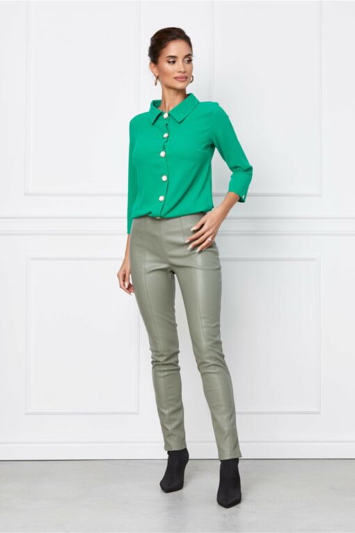 Black Friday 2022 Pantaloni Dy Fashion din piele ecologica olive cu talie inalta
