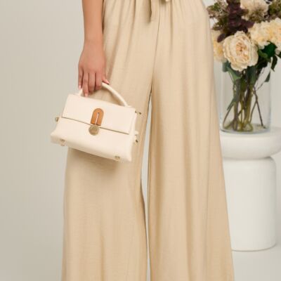 Black Friday Pantaloni bej evazati din viscoza cu elastic si cordon in talie