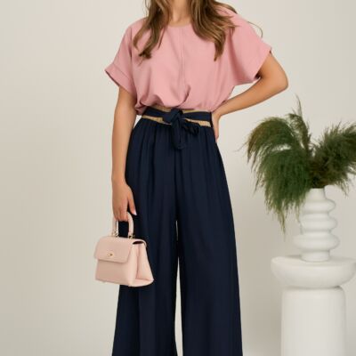 Black Friday Pantaloni bleumarin evazati din viscoza cu elastic si cordon in talie