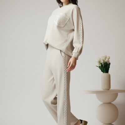 Black Friday Pantaloni casual din bumbac bej cu dantela pe laterale