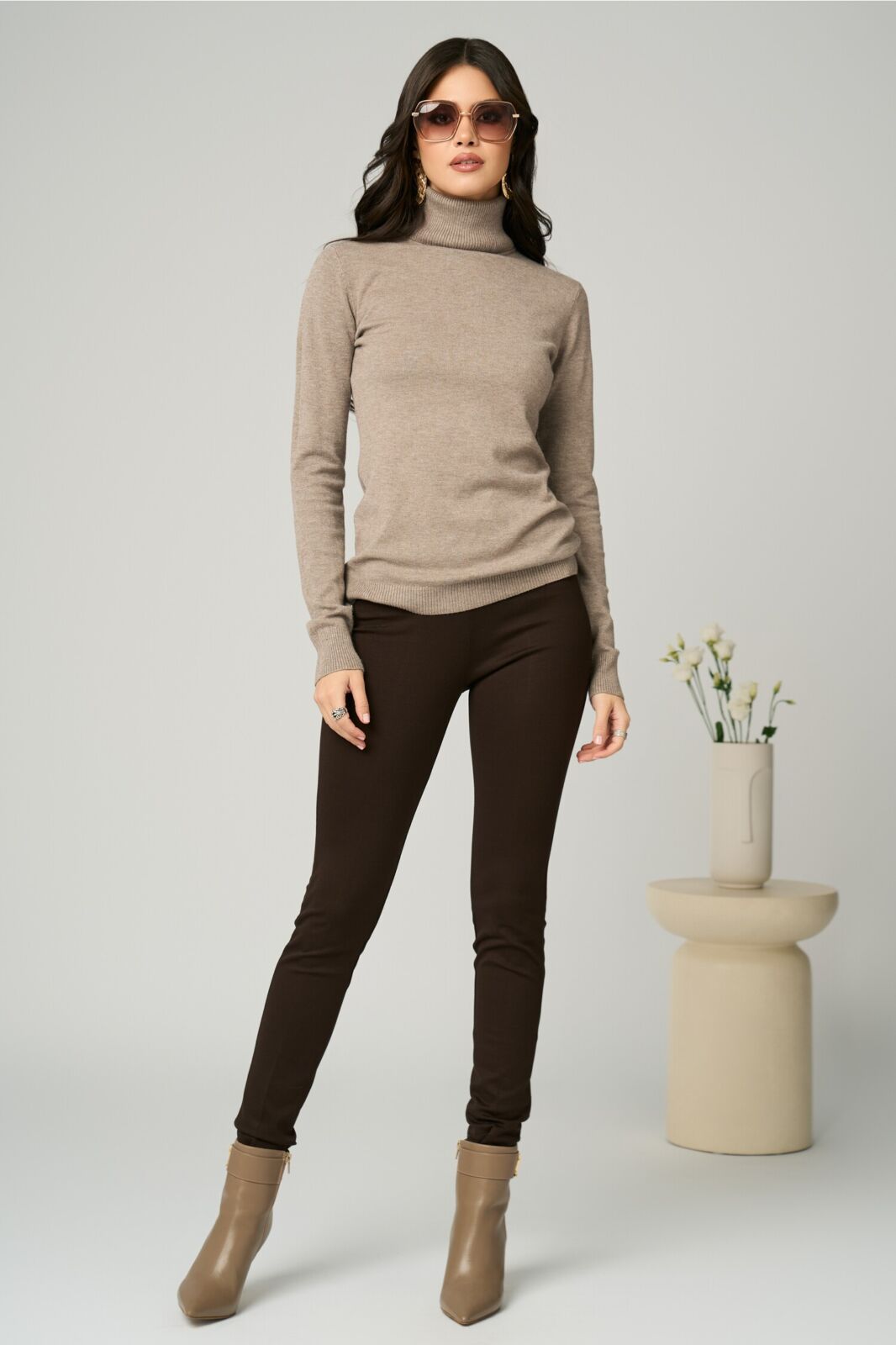 Black Friday Pantaloni casual din viscoza maro cu croi conic