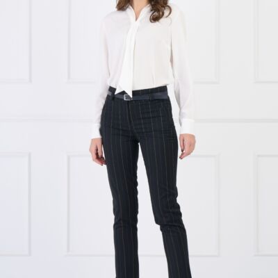 Black Friday 2022 Pantaloni din stofa office negri cu dungi si curea in talie