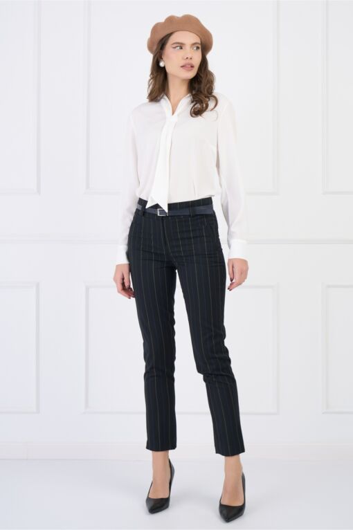 Black Friday 2022 Pantaloni din stofa office negri cu dungi si curea in talie