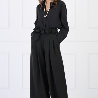 Black Friday 2022 Pantaloni din stofa smart casual negri evazati cu buzunare si cordon